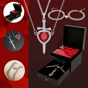 Rose Box with 2PCS Necklaces & 2 PCS Bracelets Artificial Preserved Flower Valentines Mothers Day for Girlfriend Mom Birthday Anniversary Personalized Romantic Gifts