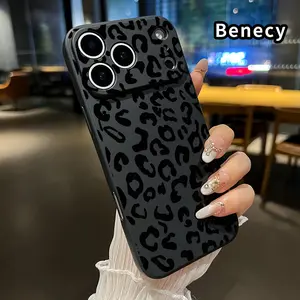 Straight Edge Phone Case Compatible for iPhone 17 16 E Pro Max 15 Plus 14 13 12 11 Air Black Vintage Leopard Print Pattern Rugged Durable Shockproof Anti-Scratch Soft Silicone Case