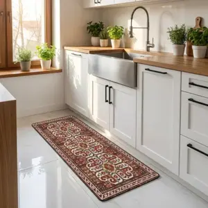 Bohemian Vintage Country Style Long Corridor Rug, Olive and Floral Geometric Design, Non-Slip Long Mat for Entryway, Bedroom, Kitchen, Bathroom, Laundry Room