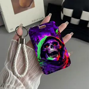 Neon Reaper Pattern Design Plastic Id Card Holder With Lanyard for Doctors, Nurses, Students-Bus Card Case, Campus Card Protector Perfect Halloween Christmas Gift
