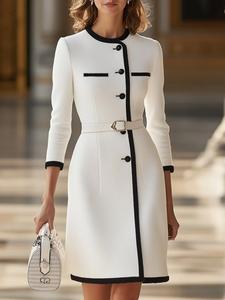 autumn winter new fashion colorblock dress, round neck long sleeve belted coat, casual elegant women's clothing