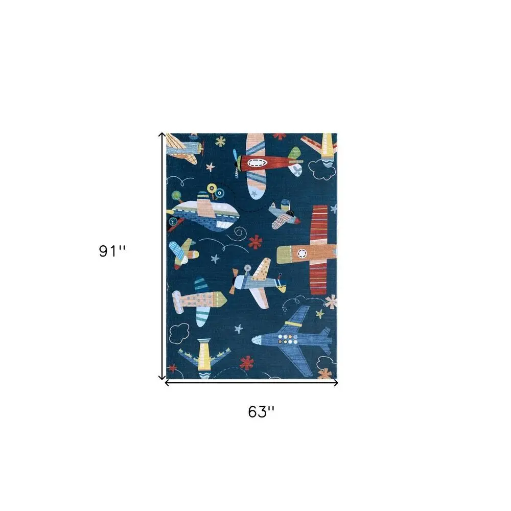 5' X 8' Navy Red and Orange Juvenile Airplanes Youthful Area Rug