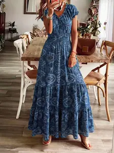 Plus Size Women's Vintage Walnut Print V-Neck Waist Cinching Long Dress, French Style Bohemian Slimming Tea Party Skirt, Commute Vacation Two-Wear