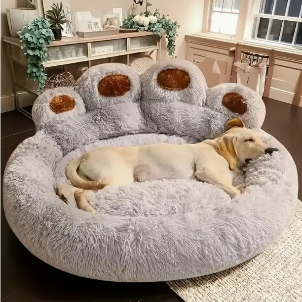【Labor Day Gift】 Bear Claw Shape Fluffy Donut Pet Sofa Bed for Dogs & Cats, Calming Anti-Slip Bottom Pad, Warm Breathable, XL 43x43in for 105 lbs Dogs