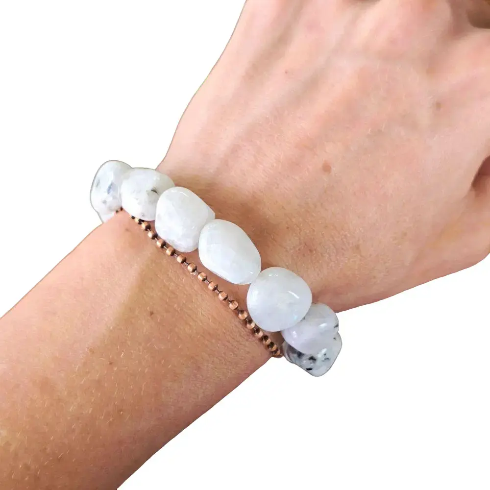 Rainbow Moonstone Bracelet Handmade Tumbled Gemstone 9-14mm Natural Stone Stretchable Jewelry Beaded