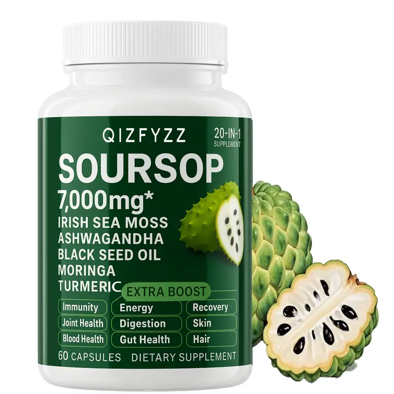 Natural Soursop Graviola Healthcare Supplement Stack - 20-in-1 Antioxidant Rich Immune+Detox Blend with Sea Moss, Moringa, Turmeric, Black Seed Oil, Oregano, Ashwagandha - Vegetarian, Non-GMO Adaptogenic Vitamins - 60 Capsules for Daily Nutrition Support,