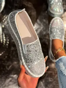 Women's Silver Color Chunky Sole Loafers, Luxurious Sparkle Style, All-Season Versatile Outdoor Shoes, Easy Match Daily Wear