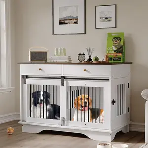 Large(51-75 Pounds) 47 inch Dog Crate Furniture w/Barn Door - Triple Access Wooden Kennel 2 Storage Drawers and Removable Divider Heavy Duty Pet End Table White