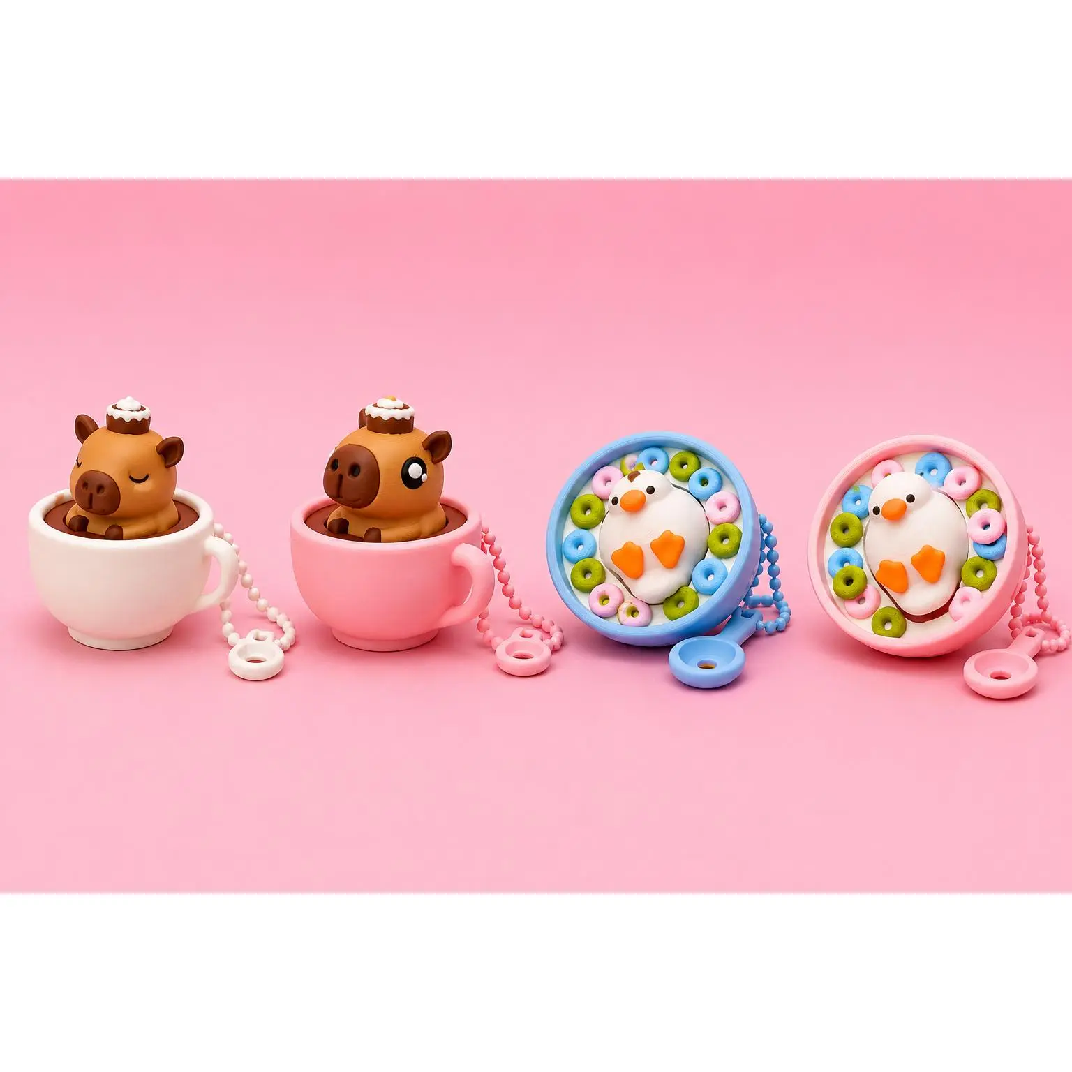 Cute 3D Animal Clicker Keychain Collection, COFFEEBARA & QUACK SNACK Stress Relief Toys with Cereal-Themed Designs