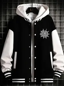 Men's Casual Sports Jacket, Slight Stretch Regular Fit, Baseball Collar, Spider-Man Cartoon Print, Button Closure, All Seasons