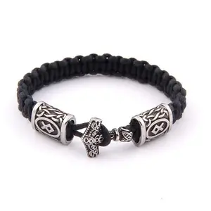 MULTICOLOR THOR'S HAMMER CELTIC CLOTH BRACELET - STAINLESS STEEL