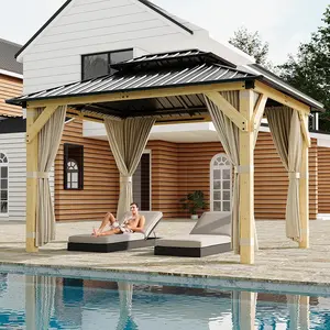 10x12 Ft Sturdy Wood Gazebo with Upgrade Wooden Frame, Double Galvanized 27 Gauge Metal Sheets Roof, Nettings, Curtains for Backyard, Reading & Relaxation, Parties