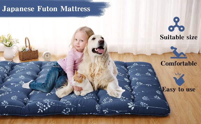 【GARVEE】Japanese Futon Mattress, Twin Size Futon Floor Mattress Japanese Style Floral Pattern Mattress for Floor, Tatami Mat, Sleeping Mattress Pad for Camping Travel, Flowers Navy