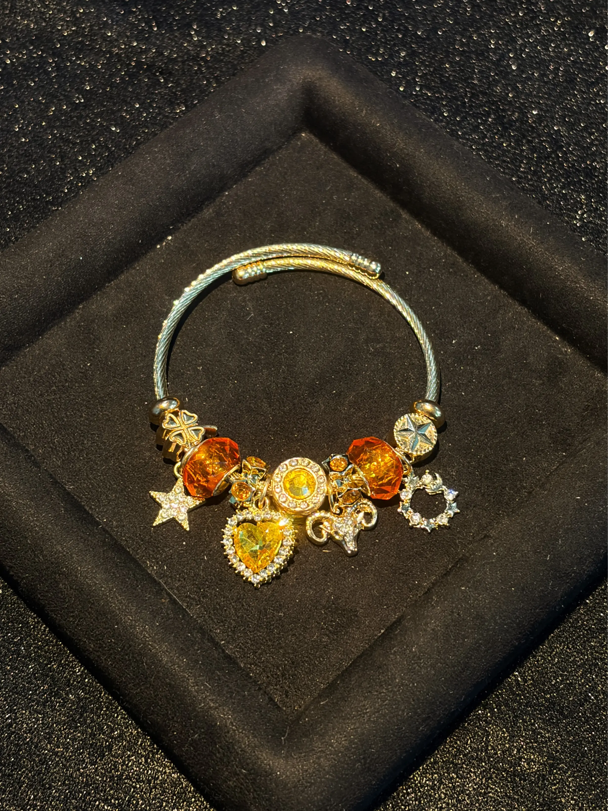 Gold Tone Adjustable Open Cable Wire Charm Bangle for Women, Aries Zodiac Bracelet with Orange Crystal Beads, Rhinestone Heart, Ram Head & Star Charms