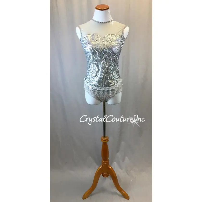 Silver Matte Sequin Leotard with Beaded Fringe -Swarovski Rhinestones