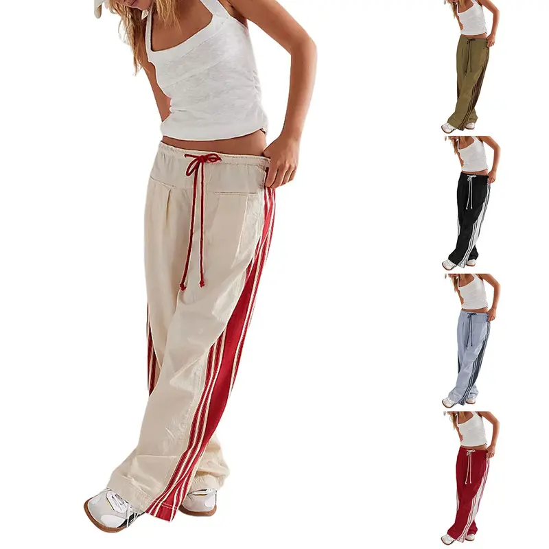 UANEO Women's Wide Leg Pants Drawstring High Rise Side Striped Slouchy Palazzo Pants with Pockets