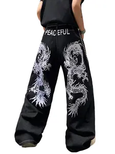 UP.THE Men’s Black Washed Baggy Wide Leg Jeans, Y2K streetwear denim pants decorated with double white dragon print and PEACEFUL letter embroidery, oversized loose fit, retro skater hip-hop style for daily street casual outfits