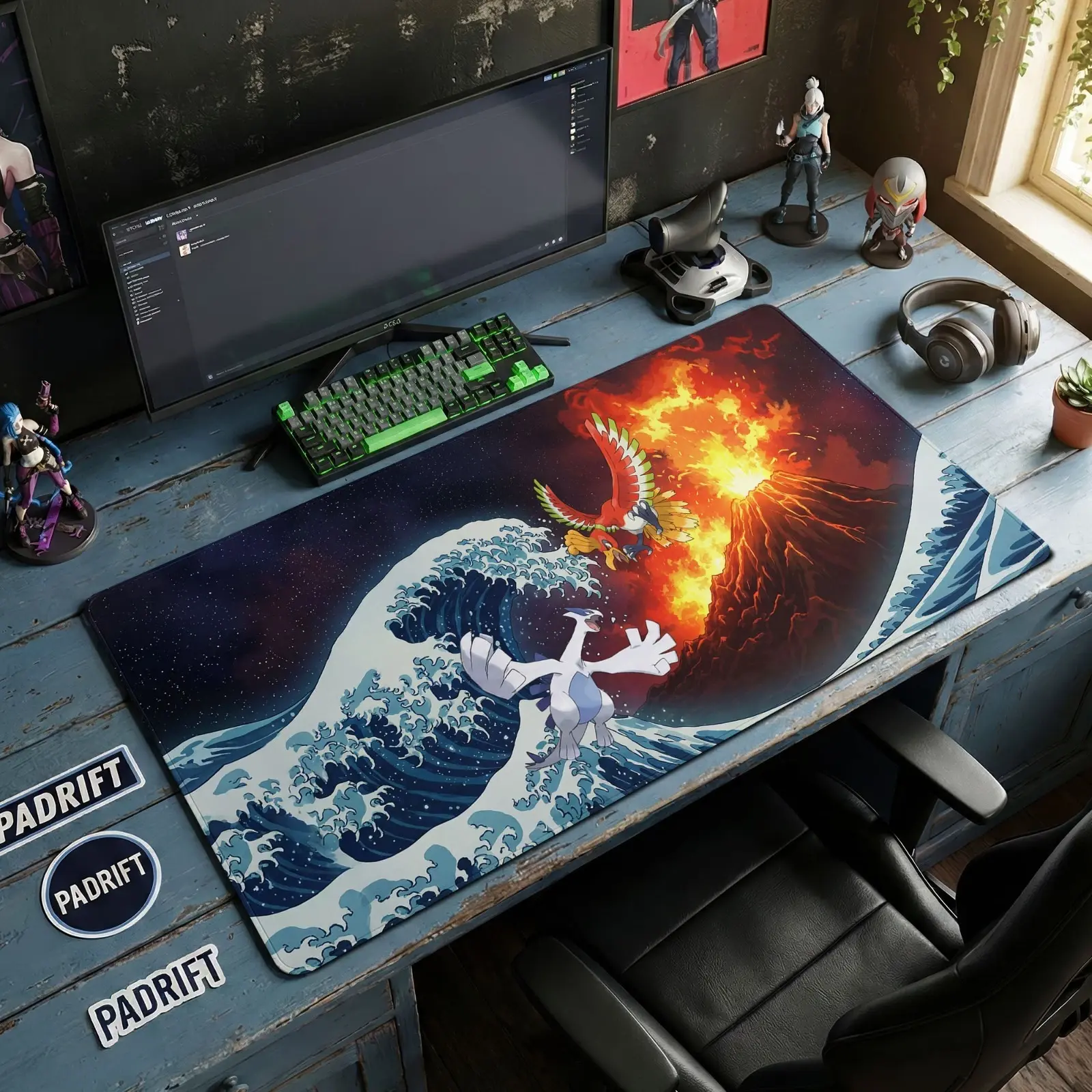 Lugia Ho-Oh Great Wave Battle XL Gaming Mouse Pad, Desk Mat Japanese Anime