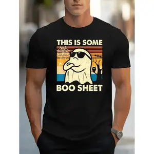 Halloween Ghost Print T-Shirt Casual Crew Neck Short Sleeve Stretch Polyester Mens Graphic Tee With Elastane Boo Sheet Pullover Top
