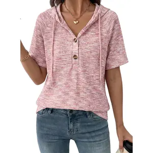 Dokotoo Womens Summer Tops 2026 Short Sleeve Button V Neck Waffle Knit Lightweight Drawstring Hoodies Casual Blouses Shirts