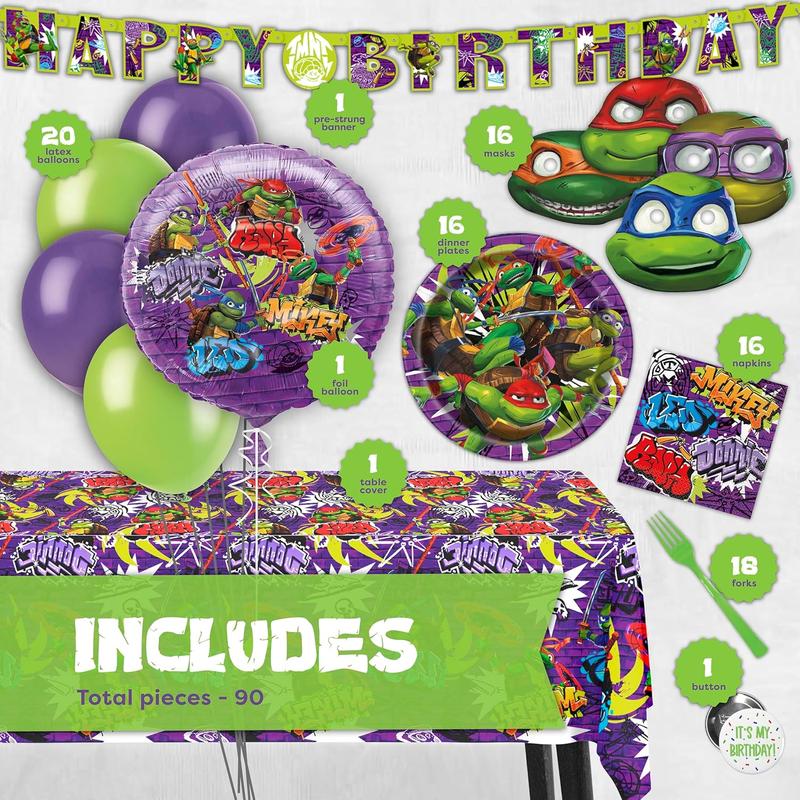 Teenage Mutant Ninja Turtle Birthday Party Supplies | Serves 16 Guests | Officially Licensed | TMNT Mutant Mayhem Movie | Balloon Decorations, Plates, Napkins, Tablecloth, Forks, Button