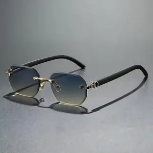 Rimless Square Gradient Sunglasses Luxury Metal Wood Grain Unisex UV Style