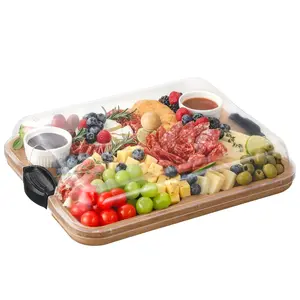 Farberware Build-A-Board Bamboo Cutting Board with Built-in Compartments and Clear Locking Lid with Navy Handles, Perfect for Charcuterie, Snacks, and More - Make it. Take it. Enjoy it, 15 x 12 Inches