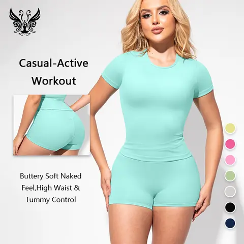 YIZHEN Women's High Waist Sculpting 2-Piece Activewear Set - Seamless, Soft 4-Way Stretch, Moisture-Absorbent, Quick-Dry, Ultra-Elastic Gym Workout Apparel - Women's Clothing with Above-the-Knee Shorts, Matching Top for Fitness, Gym, Yoga