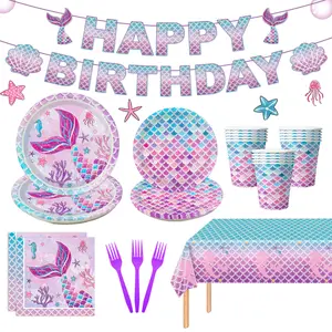 122Pcs Mermaid Birthday Party Decorations Set Mermaid Party Supplies Includes Plates, Napkin, Fork, Cup, Tablecloth, Banner for Baby Shower Ocean Birthday Party Decorations, Serves 24