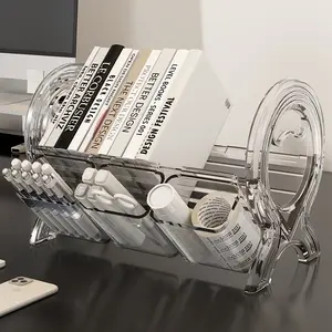 Clear/ Acrylic Desk Organizer with Bookend, 2-In-1 Storage Rack for Books, Stationery, Magazines, Vinyl Records, Office Organizer