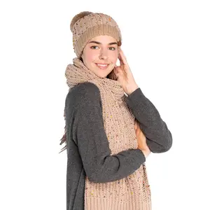 C.C Winter Accessories Set: Cable Knit Beanie and Scarf with Gloves, Colorful Confetti Design, Taupe