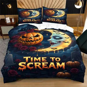 Halloween-themed bedding set, featuring pumpkin skulls and moons, perfect for Halloween bedroom decor gifts. Includes 1 bedspread and 1 or 2 pillowcases, excluding quilt and pillow inserts