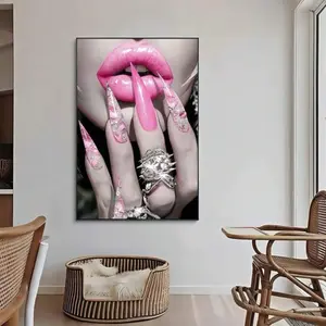 1 Piece Optional Wooden Frame Pink Lips Nails Canvas Painting Modern Fashion Style Beauty Salon Women Bedroom Decor Decor Salon Wall Decor Frame Art Poster Large Mural Personalized Wall Poster Modern Home Decor