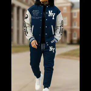 Men's Baseball Jacket Set 2 Piece Set Airport Outfits Fitted Polyester Fabric, Fall & Winter, Stylish Color block Design