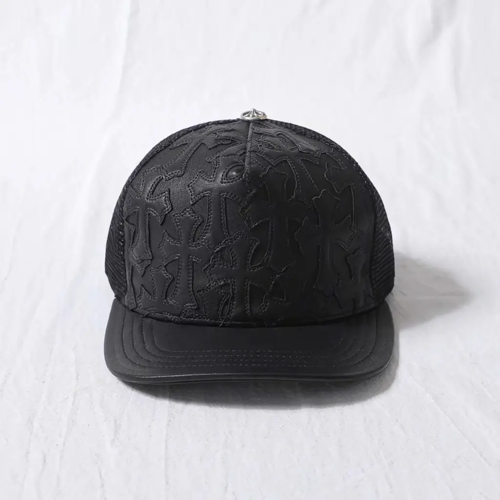 Chrome Hearts Cemetery Cross Leather Stitched Trucker Hat, Leather Patch Mesh Snapback, Unisex Outdoor Cap.