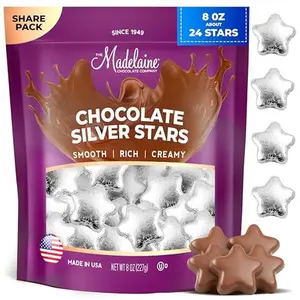 Madelaine Chocolate Silver Stars - Christmas Candy Party Favors - 24 Milk Chocolate Candy Individually Wrapped In Silver Foil for Party Decorations 8 Oz Bag