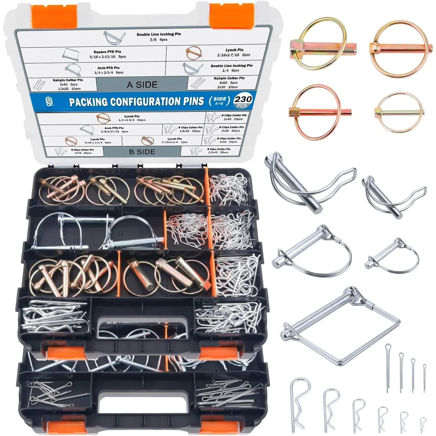230 count Heavy Duty Pin Assortment Kit, Hitch Pins, Clip Pins, Linch and PTO Pins for  Towing Mowing, Farm Equipment, Lawn Mowers, 3 Point Accessories Tractor Attachments
