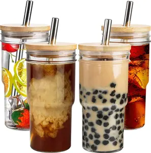 Glass Cups with Lids and Straws 4 Packs, 24oz Travel Coffee Mug Bamboo Mason Jar Valentines Party Drinking Jars Glasses Cute Clear Glass Tumbler for Iced Coffee, Smoothie, Tea, Water