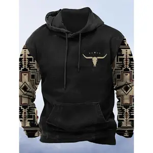 Western Hoodies For Men's 3D Print Vintage Graphic Cowboy Hooded Shirt Aztec Long Sleeve Drawstring Sweatshrits With Pocket