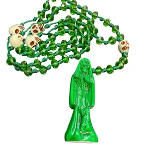 Green Holy Death Rosary with Skull Beads and Green Statue Pendant