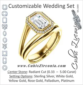 CZ Wedding Set, featuring The Mackenzie engagement ring (Customizable Radiant Cut Bezel-set Split band with Halo)