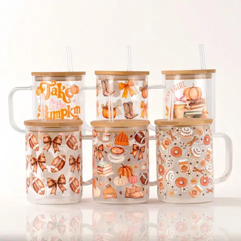 Pumpkin Spice 17oz Glass Mug with Handle, Bamboo Lid & Straw, Fall Gift for Her