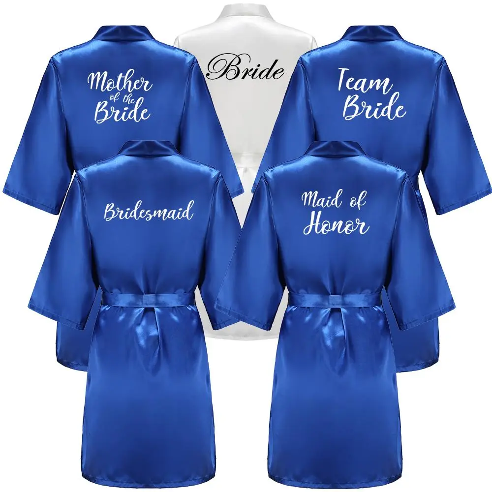 Wedding Party Team Bride Robe With White Letters Kimono Satin Pajamas Bridesmaid Royal Blue Bathrobe Wedding Party Team Bride Robe With White Letters Kimono Satin Pajamas Bridesmaid Royal Blue Bathrobe