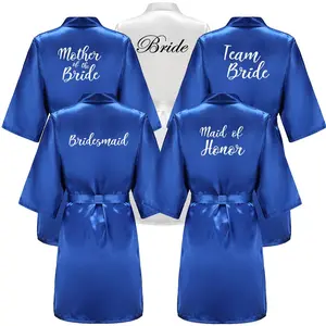 Wedding Party Team Bride Robe With White Letters Kimono Satin Pajamas Bridesmaid Royal Blue Bathrobe