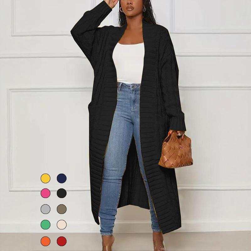 Women's Solid Color Textured Drop Shoulder Pocket Longline Cardigan, Casual Open Front Long Sleeve Knitwear for Fall & Winter, Women's Knit Clothing for Daily Wear, Lady Baggy Cardigans for Women, Womenswear, Casual Knit Top