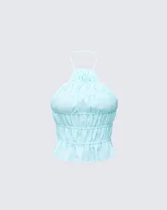 Luneth Blue Backless Halter Neck Top