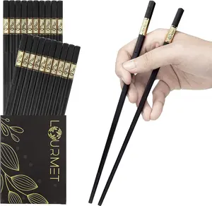 5 Pair Fiberglass Chopsticks – 9.5 Inches Long Reusable Chopsticks Dishwasher Safe for Asian Food, Light Weight Japanese Chopsticks Strong Grip Sturdy Material – Black Gold Chopsticks Set
