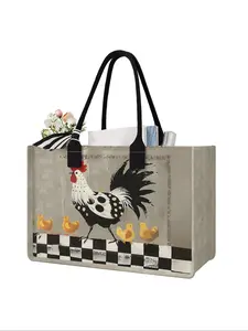 Large Capacity Rooster Print Storage Bag, Durable Handle, Space Saving Multi-Purpose, Ideal for School, Travel, Shopping