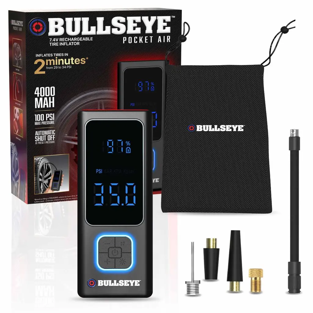 Pocket Air Car Tire Inflator Portable Air Compressor by Bullseye Pro, Rechargeable 4000MAH LED Pressure Gauge, for Cars, Bicycles, Inflatables 7.2V DC Pocket Air Car Tire Inflator Portable Air Compressor by Bullseye Pro, Rechargeable 4000MAH LED Pressure Gauge, for Cars, Bicycles, Inflatables 7.2V DC