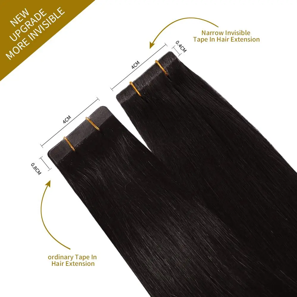 YILITEHAIR #1B Natural Black 14 inch (40g) Narrow Mini Tape-In Virgin Human Hair Extensions, 20Pcs High-Quality Reusable Natural Straight Option for All Hair Types